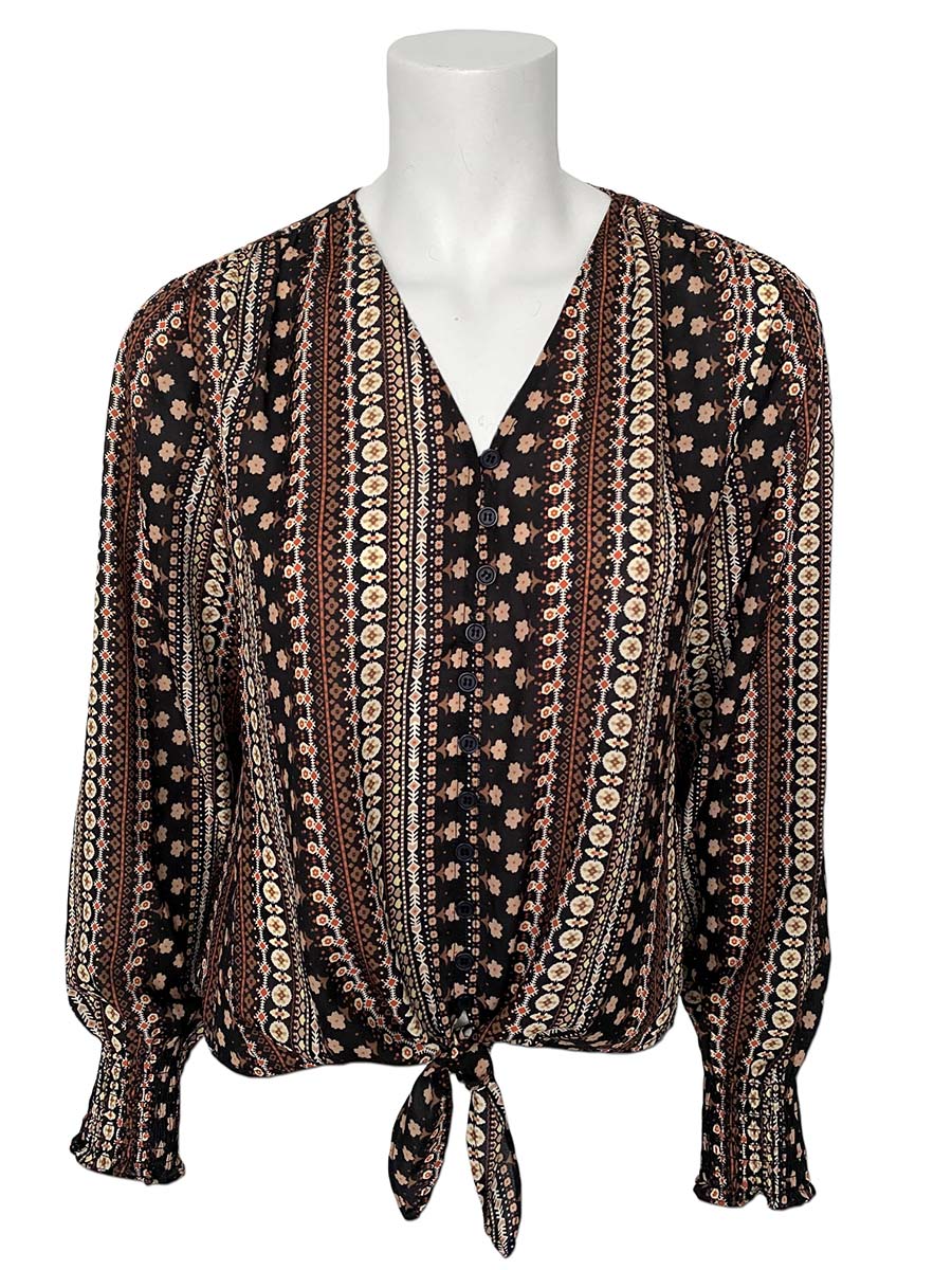 Point Zero Top - Front Tie Print Blouse - Brown
