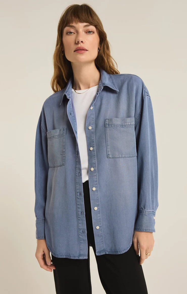 Z Supply Top - Colbie Jean Shirt - Indigo Sun Bleached