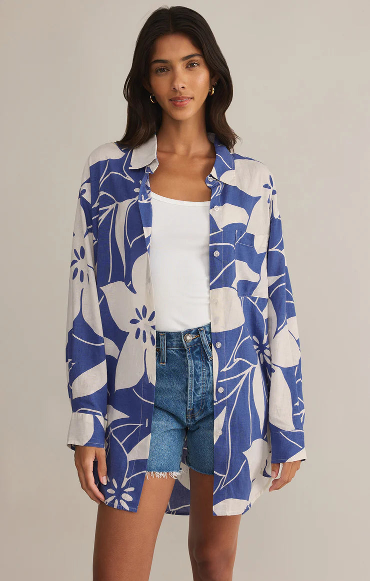 Z Supply Top - Linen Blend Floral - Blue