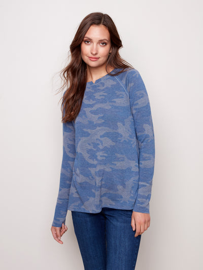 Charlie B Top - Notch Crew Neck - Blue Camo - SMALL