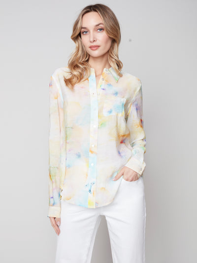 Charlie B Top - Flowy Print Shirt - Multi Watercolour