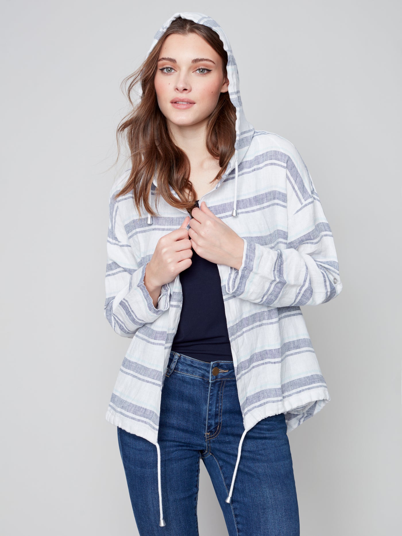 Charlie B Jacket - Linen Stripe Hoodie - Blue /White